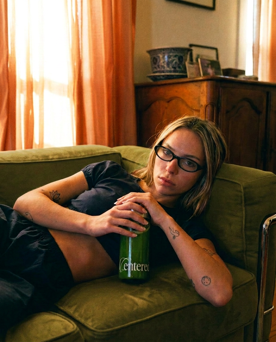 Woman relaxing on a green couch with a centered matcha drink