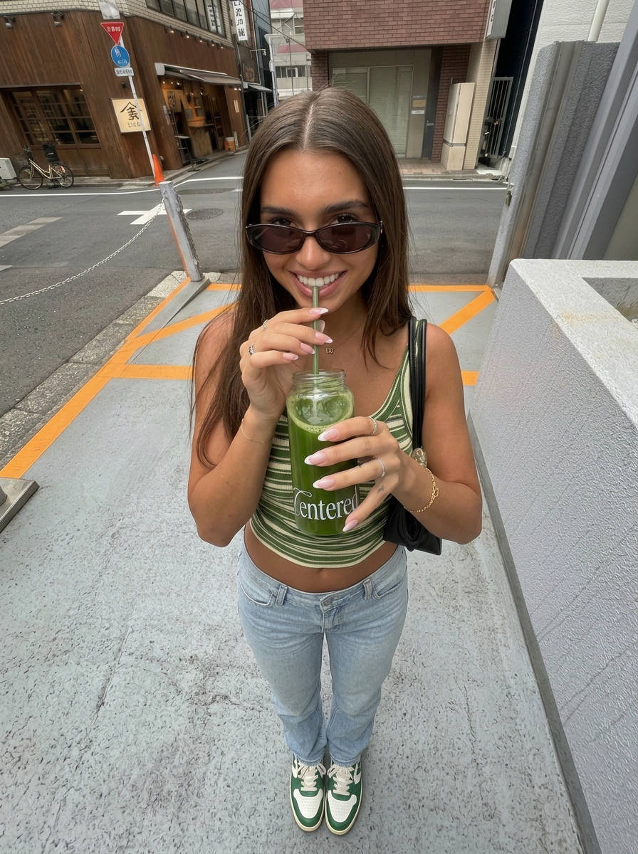 Woman holding a green Centered matcha drink on a city street